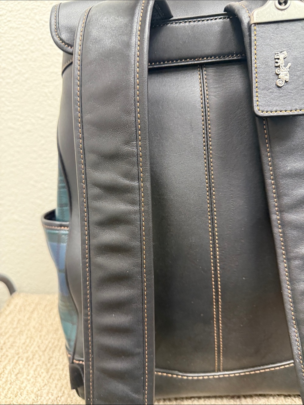 Coach Frankie Black Leather Trim Green and Navy Plaid Backpack - Picture 6 of 14
